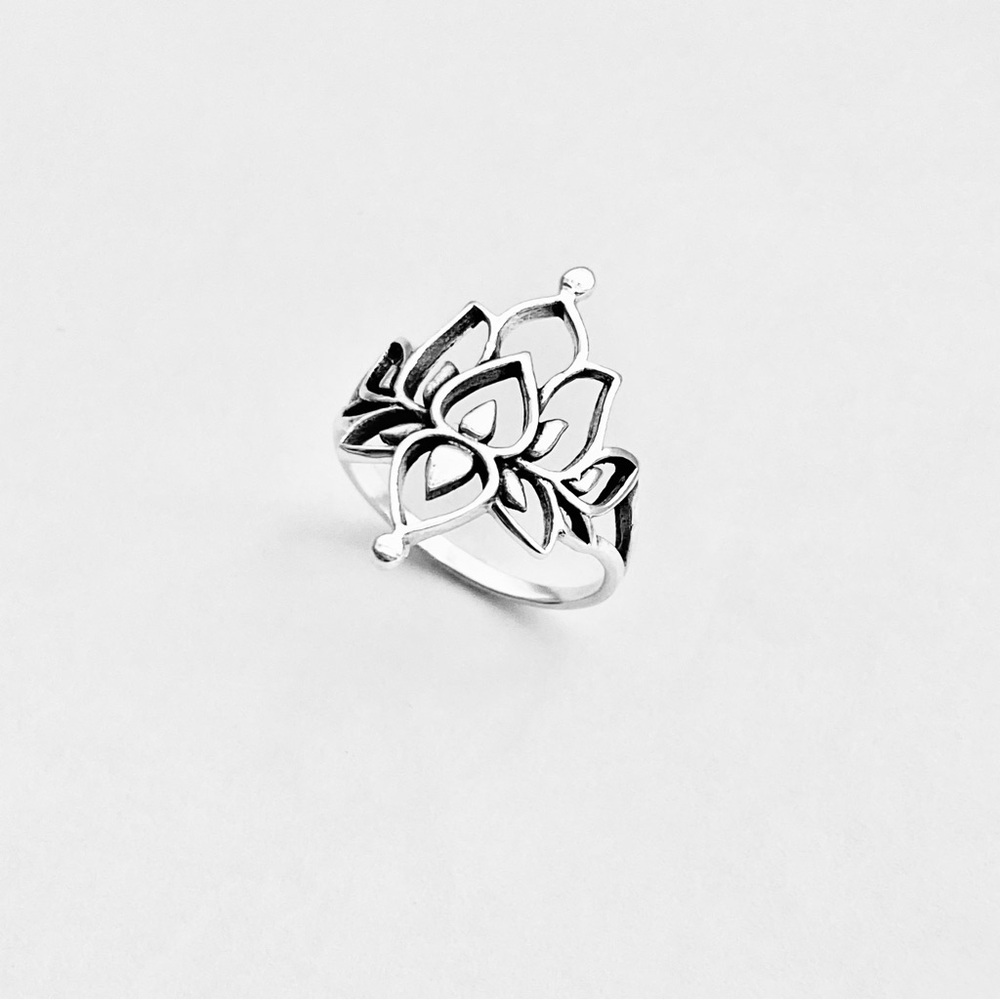 Sterling Silver Thin Vintage Style Lotus Flower Ring, Silver Rings, Yoga Jewelry - Picture 7 of 12